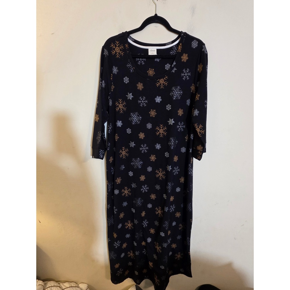 Soma Black Snowflake Print Cotton Modal Long Sleeve Nightgown Dress Large